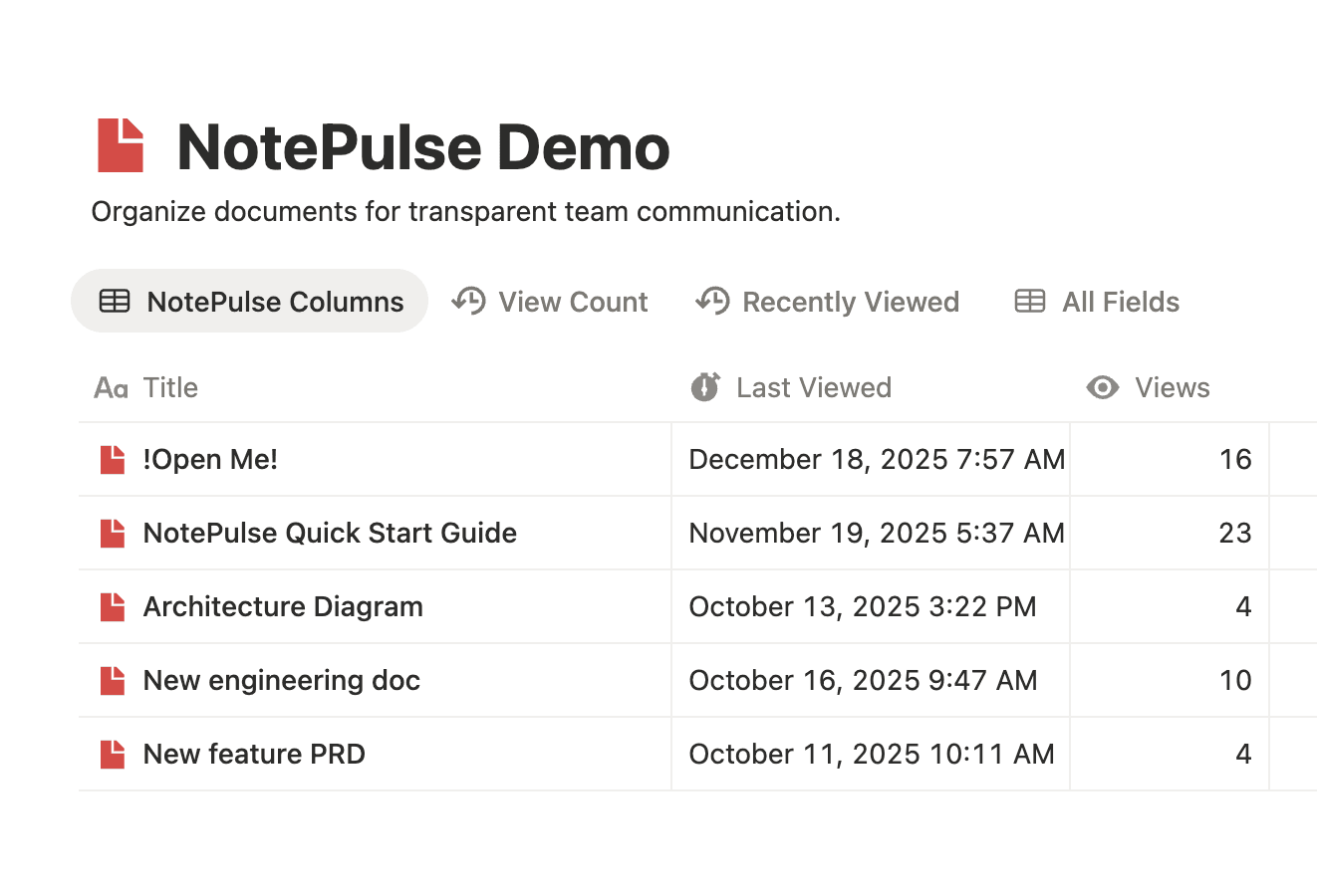 NotePulse tracking properties in Notion showing Views and Last Viewed fields